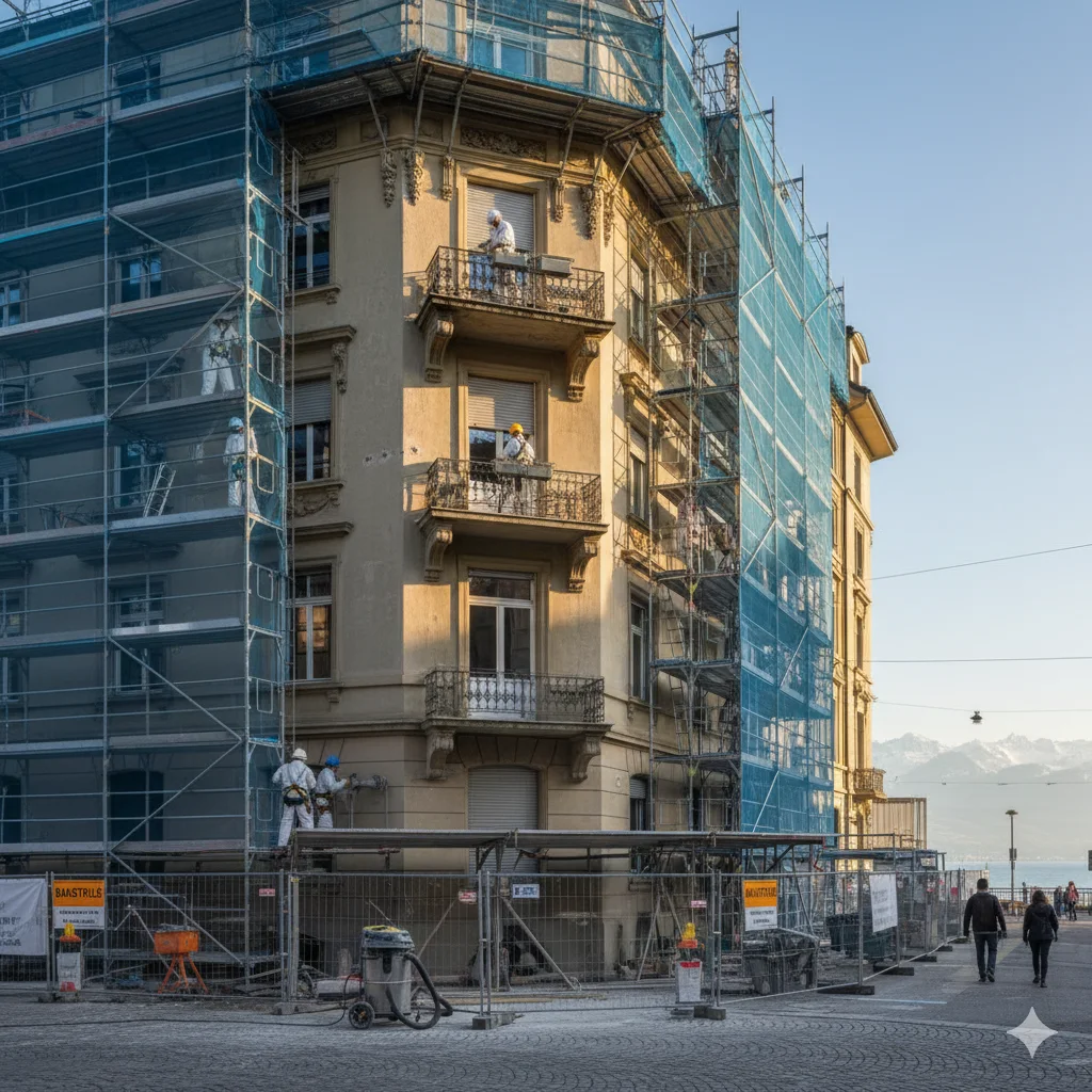 Wohnhaus mit Baugerüst an der Fassade in Zürich