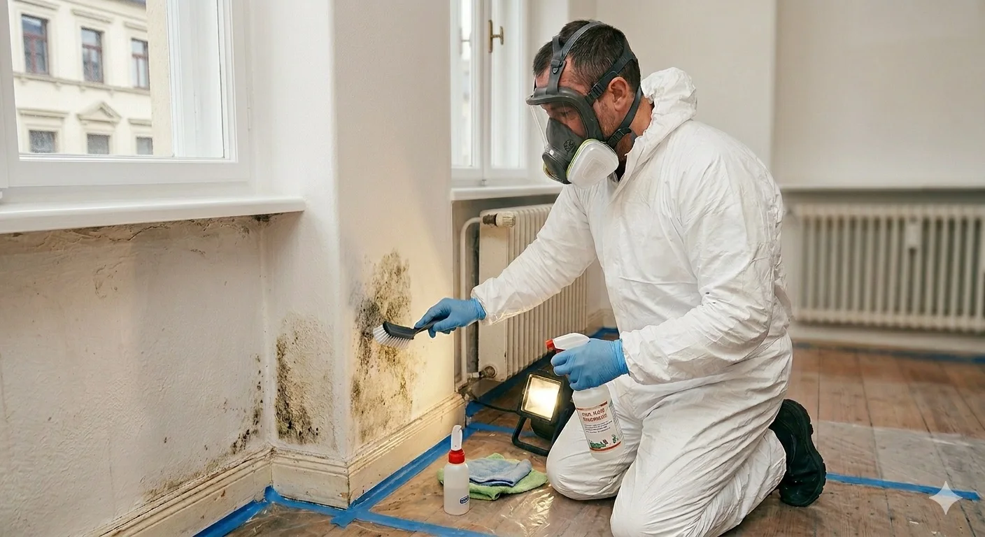 Fachperson in Schutzausrüstung bei der Schimmelpilz-Sanierung einer Wand